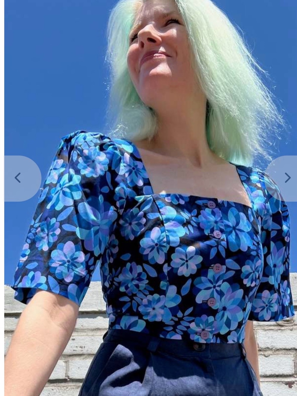 Blue Floral Square-Neck Puff Sleeve Blouse